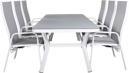 Hioshop Virya tuinmeubelset tafel 100x200cm en 6 stoel Copacabana wit, grijs.