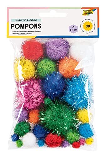 Folia 50311 - pompons "Sparkling Rainbow", 30 pluizige ballen gesorteerd in verschillende maten en kleuren, ideaal voor kleurrijke knutselwerkzaamheden