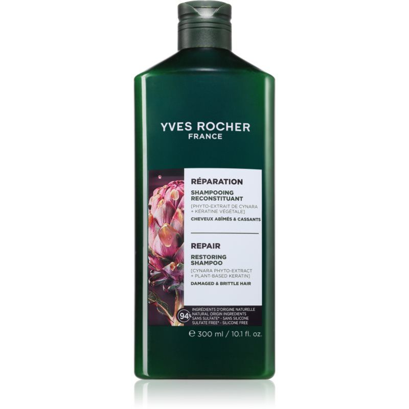 Yves Rocher Reparerende shampoo voor beschadigd haar, plantaardige keratine-shampoo, anti-breuk, herstelt, beschermt en versterkt, sulfaatvrij en siliconenvrij, verzorging voor broos haar, 94%