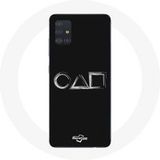 Maniacase Hoesje voor Samsung Galaxy A51 4G Inktvis Game logo symbolen vierkante cirkel driehoek Zwarte achtergrond