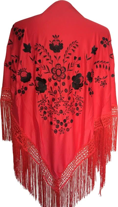 Spaansejurk NL Spaanse manton/omslagdoek rood zwart bij Flamenco jurk verkleedkleding