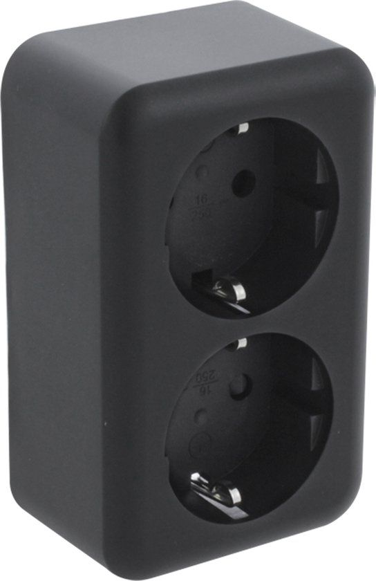 Q-Link Dubbel Stopcontact - Wandcontactdoos met Kinderbeveiliging - Opbouw - Geaard - Zwart