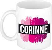 Bellatio Decorations Shoppartners Bv Corinne naam cadeau koffie mok - beker - met roze verfstrepen - Cadeau collega - moederdag - verjaardag - juf - coach - 300 ml - wit