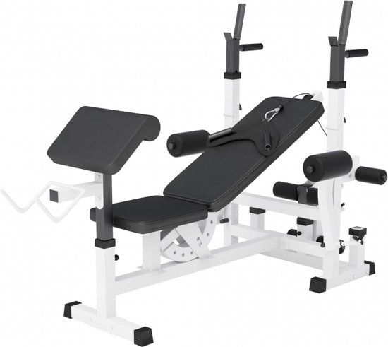 Gorilla Sports Universele Halterbank Wit - Verstelbaar - Met Haltersteunen, Dipsteunen, Butterflies & Leg Curl