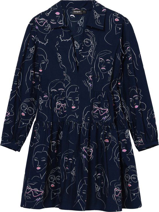 Blauwe Katoenen Jurk Met Lange Mouwen - XL - Vrouwen