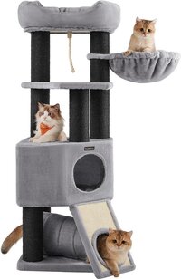 - XXL Luxe Stevige Katten Krappaal Voor Grote Katten - Stevige Maine Coon Krabmeubel Met Hangmat Mand Katten Huis Tunnel & Speel Touw - Grote Krab Paal Klimpaal - 141 CM Hoog - Grijs/Zwart zwart, grijs