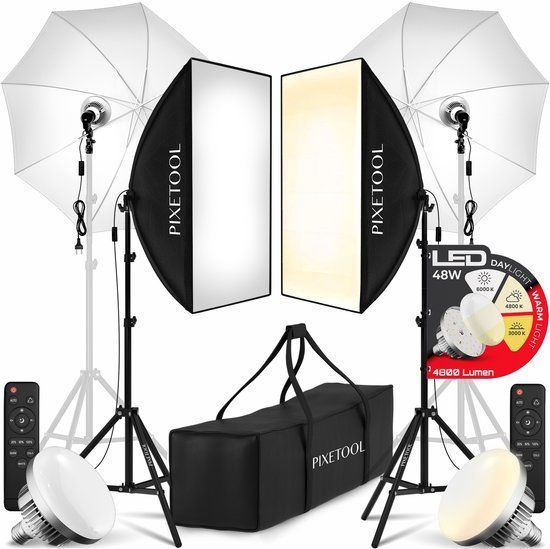 Pixetool Softbox fotostudio set 50 x 70cm inclusief 2 flitsparaplu’s - 2 Softbox studiolampen LED lampen 4800 Lumen 3000-6000K - 2m verstelbaar statief x2
