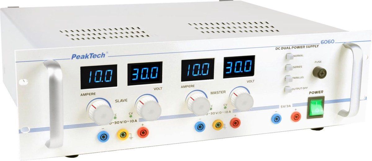 Peaktech Gestabiliseerde dubbele voeding, 2 x 0-30 V/2 x 0-10 A, 5 V/3 A vast