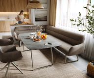 Taya-Flex Banc de salle à manger 285x190 cm microfibre taupe vintage piètement luge plat finition effet titane ressorts ensachés gauche