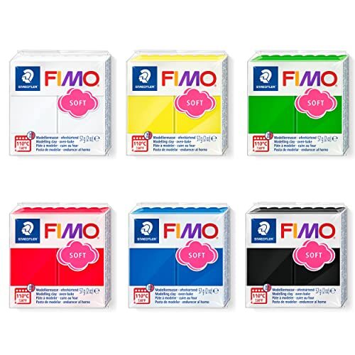 Staedtler Fimo soft 8020-BX Modelleermassa, set van 6 stuks, hardend, zacht en zacht, direct modelleerbaar, hersluitbaar, blokgrootte 57 g, 6 gesorteerde kleuren, 8020-BX