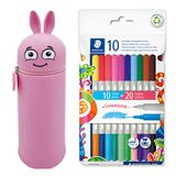 MARKY potloodetui in emoji-design in roze, zachte en slijtvaste silicone, incl. 10 STAEDTLER twin colour viltstiften