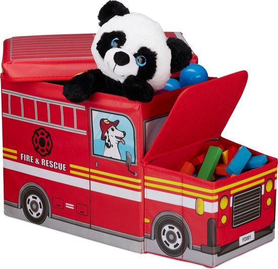 Relaxdays Speelgoedkist - opvouwbare poef - opbergkist speelgoed - kinderkamer - hocker Fire Truck rood