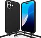 Coverzs siliconen hoesje met koord geschikt voor de Apple iPhone 16 hoesje - telefoonhoesje met afneembaar telefoonkoord - verstelbaar telefoonkoord - koordhoesje - TPU / siliconen materiaal (zwart)