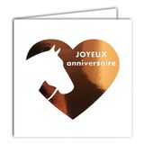 22218 Vierkante kaart Gelukkig VERJAARDAG Paardenhoofd op hart, oranje, koper, glanzend, met witte envelop 15 x 15 cm, creatie, opdruk, gemaakt in Frankrijk, verzameling woorddromen