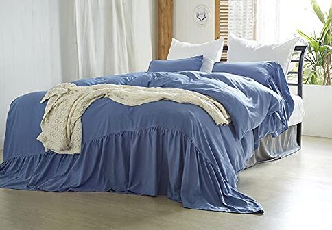 SLLSHG 2-delige boerderij ruche dekbedovertrek set Twin size microvezel zachte lichtgewicht beddengoed set Shabby chic dekbedovertrek en 1 kussen Sham (Navy, Twin), decoraties