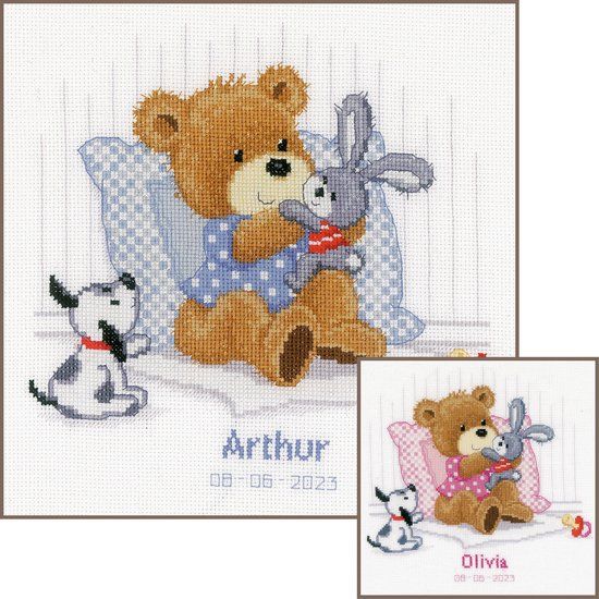 VERVACO Kruissteek Borduurpakket Geboorte Baby DIERENVRIENDJES Handwerkpakket voor Wanddecoratie 25 x 21 cm Borduurwerk met Telpatroon DIY Kit Babykamer Decoratie Cadeau Knutselen Voor Volwassenen