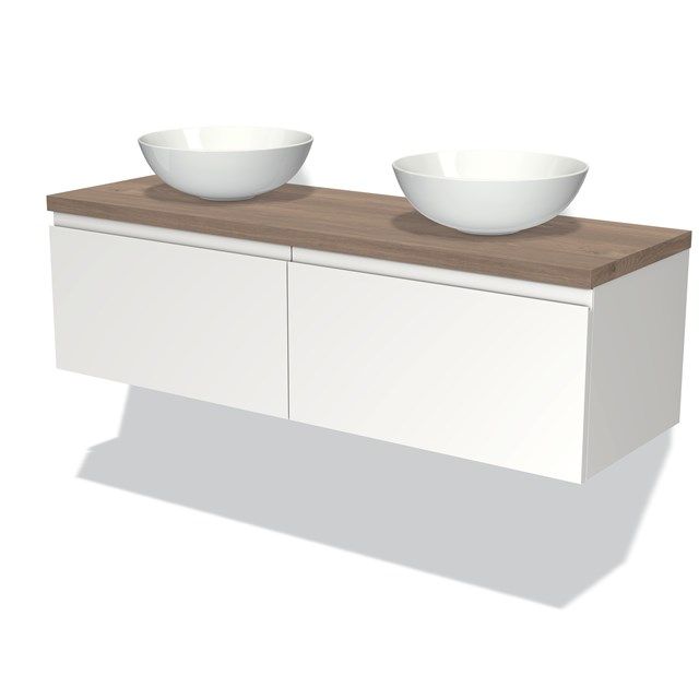 Maxaro Badkamermeubel Modulo Plato 140cm Mat Wit 2 Lades Greeploos Middenbruin Eiken Blad