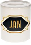Bellatio Decorations Spaarpot met voornaam Jan - wit - met goud/zwart embleem - 8 x 9 cm - keramiek - met afsluitdop - cadeau verjaardag