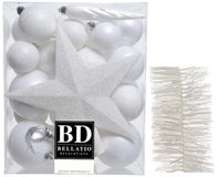 Decoris Kerstversiering 35x stuks - kunststof kerstballen 5-6-8 cm - ster piek - folieslingers - wit