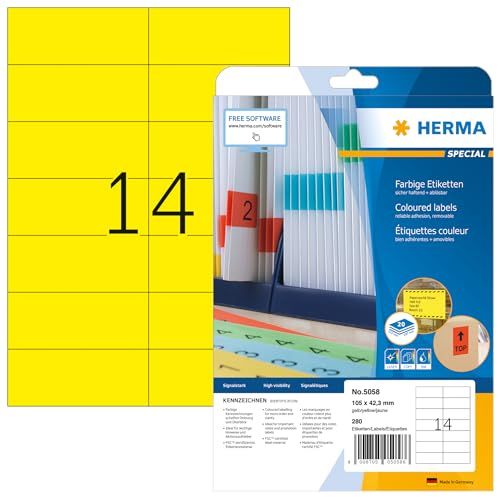 HERMA 5058 Gekleurde etiketten A4 afneembaar (105 x 42,3 mm, 20 velles, papier, mat) zelfklevend, bedrukbaar, verwijderbaar en opnieuw klevende kleurenlabels, 280 etiketten voor printer, geel