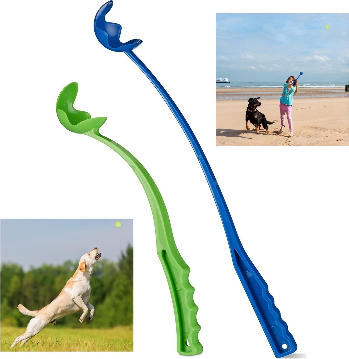 Relaxdays ballenwerper voor honden - 2 werpstokken - tennisbalwerper - werpstick voor hond blauw, groen