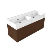 Saniclass Set meuble de salle de bain avec cadre en bois - 120x45x52cm - Lavabo Legend en céramique blanc - 2 vasques - sans trous de robinetterie - 1 tiroir - noyer mat pur