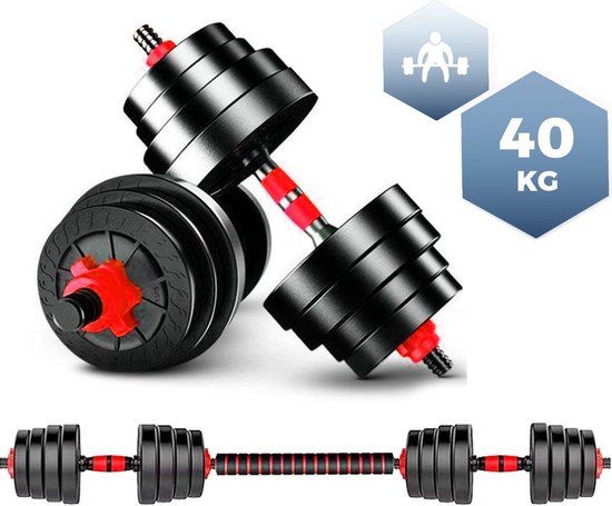 SOUTHWALL Dumbbells Set - Adjustable up to 40kg - 2-in-1 Dumbbell Set with Bar - Home Gym - Vinyl - Black/Red