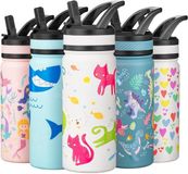 OEM Fanhaw Thermosfles - Drinkfles voor kinderen, 550 ml, roestvrijstalen drinkfles met rietje, lekvrij, BPA-vrij, geschikt voor school, peuters, jongens en meisjes (wit - kattenmotief)
