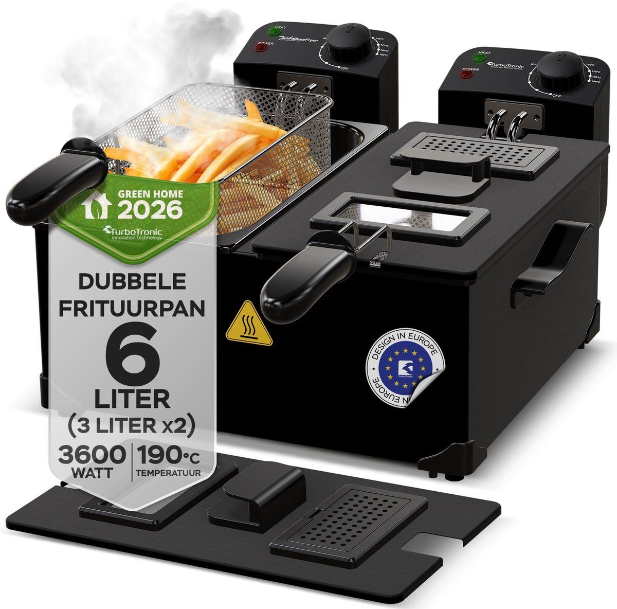 Turbotronic DF-2 Duo - Dubbele frituurpan - 2x 3 Liter - Koude zone - Zwart