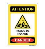 AUA SIGNALETIQUE - Bord voorgeboord met afgeronde hoeken - Aandacht Deanger Risque De Noyade - 150 x 210 mm, aluminium Dibond 3 mm