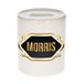 tirelire prénom Morris - blanc - avec emblème or/noir - 8 x 9 cm - céramique - avec bouchon - cadeau anniversaire