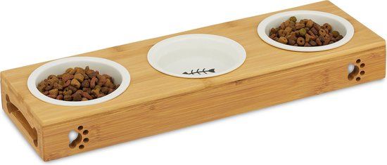 Relaxdays Voerbak Kat & Hond - Bamboe - Dubbel - Lichtbruin/Wit - 44.5 x 14 cm