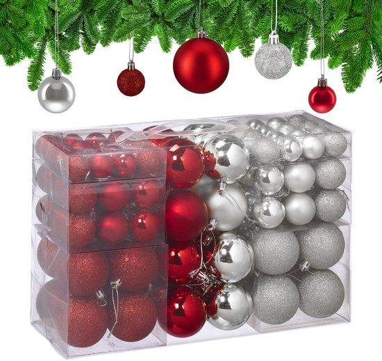 Relaxdays Kerstballen - Set van 100 - Kunststof - Zilver-Rood