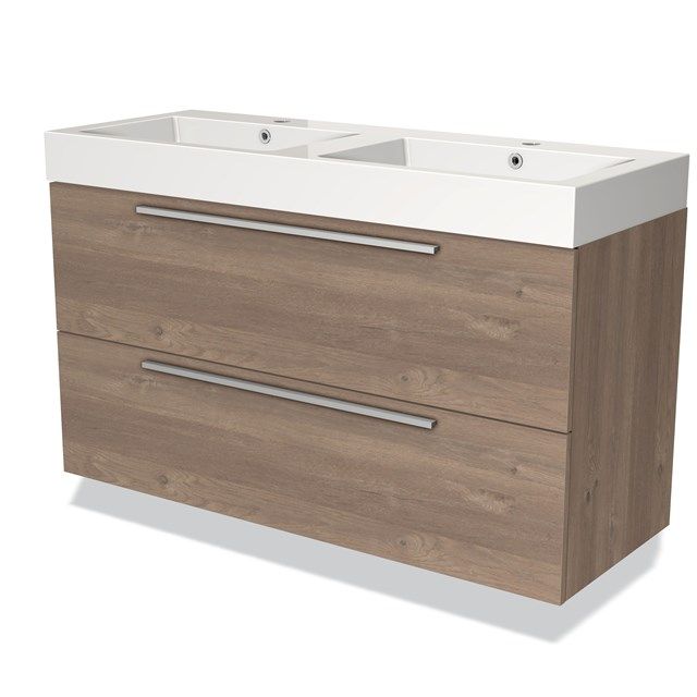 Maxaro Badkamermeubel 120cm Modulo Middenbruin Eiken 2 lades Vlak Wastafel Mineraalmarmer