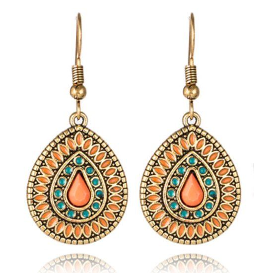 Deja Jewels Lookinggoodtoday Goudkleurige Bohemian druppelvorm dames oorbellen multicolor roze steen