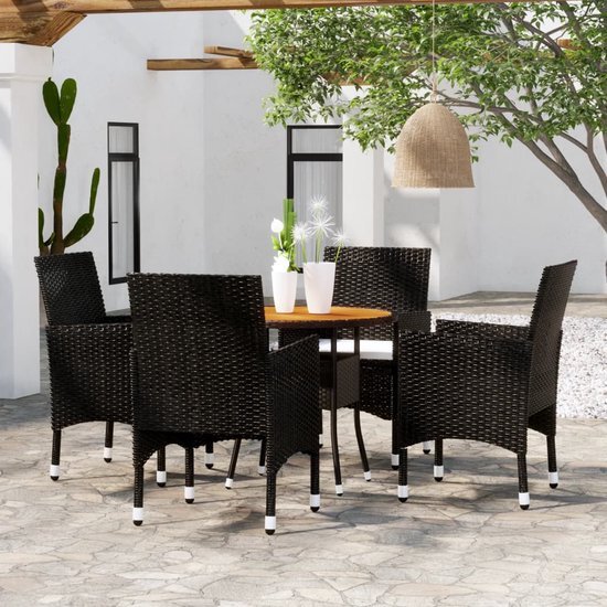 The Living Store Tuinset - poly rattan - gepoedercoat staal - acaciahout - 80x75 cm - zwart