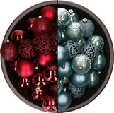 Bellatio Decorations Kerstballen mix - 74-delig - ijsblauw en donkerrood - 6 cm - kunststof