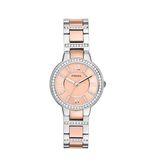 Fossil Virginia horloge voor dames, Quartz uurwerk met Stainless steel of leren band, Zilverkleur en roségoudkleur met glitter