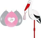 Merkloos / Sans marque Haza-Witbaard Geboorte versiering meisje - ooievaar geboorte bord - 77 cm hoog - 6x roze ballonnen