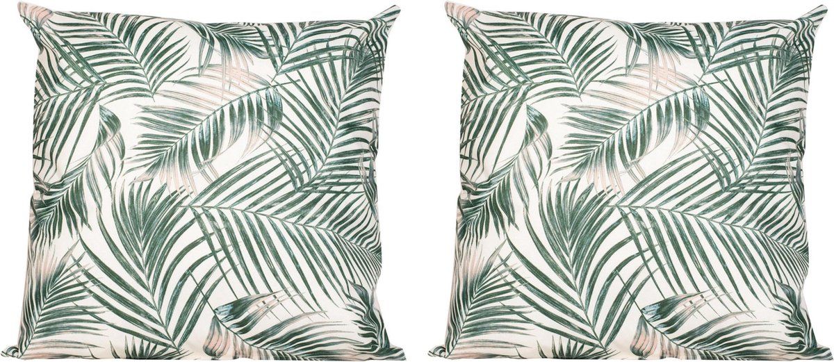 Anna's Collection 4x Bank/sier kussens voor binnen en buiten palm bladeren print 45 x 45 cm - Urban jungle tuin/huis kussens