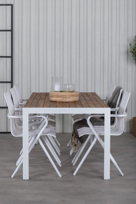 Hioshop Bois tuinmeubelset tafel 90x205cm en 6 stoel Alina wit, naturel.