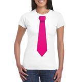 Bellatio Decorations Shoppartners Bv Wit T-shirt met Roze Stropdas Dames L