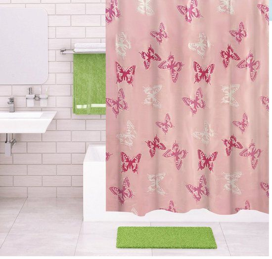 IFC Papillon Douchegordijn - 180x180 cm - Vrolijke Vlinders Roze - Textiel - Schimmelvrij