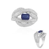 Cavill - Zilveren Ring - 925 Sterling Zilver Gerhodineerd - 1,051 ct Nepal Kyaniet Achthoek - 190 Zirkonia Pavé - Luxe Damesring - Blauwe Edelsteen