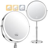 Make-upspiegel met verlichting, 10-voudige vergrotingsspiegel met licht, make-upspiegel voor precisie, dubbelzijdige vergroting, 2000 mAh, 3 verlichtingsmodi, 360° draaibaar rond