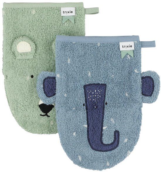 Trixie Washandje 2-pack | Mr. Polar Bear & Mrs. Elephant - Biologisch Katoen - Blauw/Groen