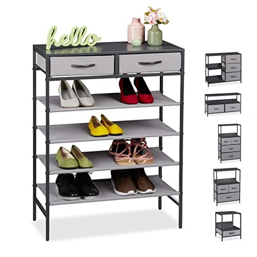 Relaxdays Schoenenrek - 12 paar schoenen - 4 planken - 2 laden - Grijs