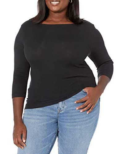 Amazon Essentials Women's T-shirt with Three-Quarter Sleeves, Boat Neck and Slim Fit - Black - XL