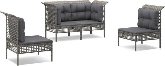 vidaXL 4-delige Loungeset met kussens poly rattan grijs