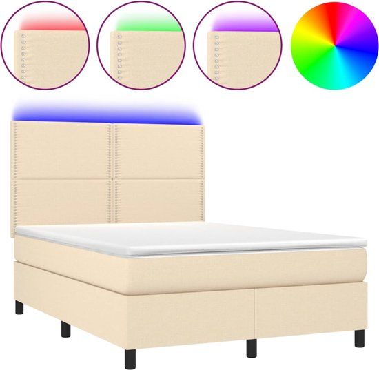 vidaXL Boxspring met matras en LED stof crèmekleurig 140x190 cm
